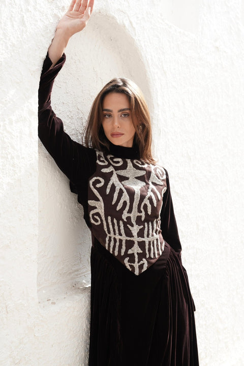 Brown Velvet Kaftan - Timeless Boutique Kuwait