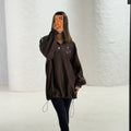Cocoa brown oversized hoodie with silver floral embroidery and elastic cuffs by Timeless Boutique Kuwait