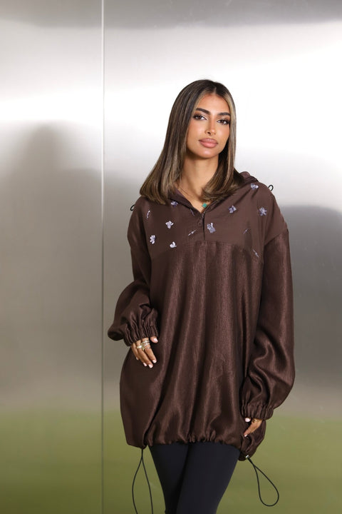 Cocoa brown oversized hoodie with silver floral embroidery and elastic cuffs by Timeless Boutique Kuwait